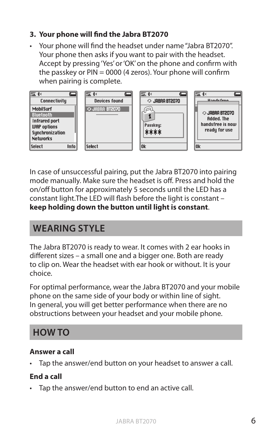 En g li sh, Wearing style, How to | Jabra BT2070 User Manual | Page 7 / 73