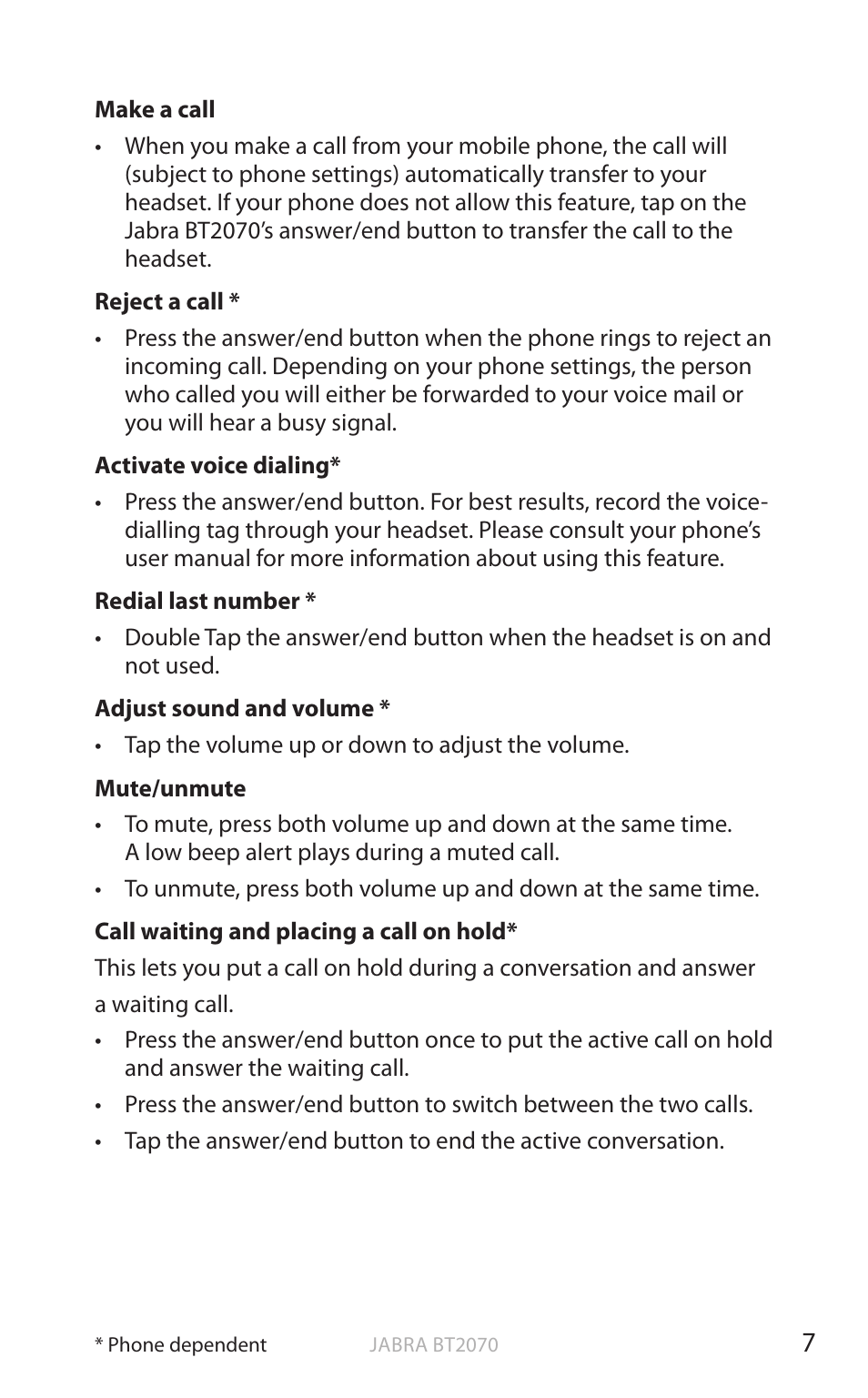 En g li sh | Jabra BT2070 User Manual | Page 8 / 73