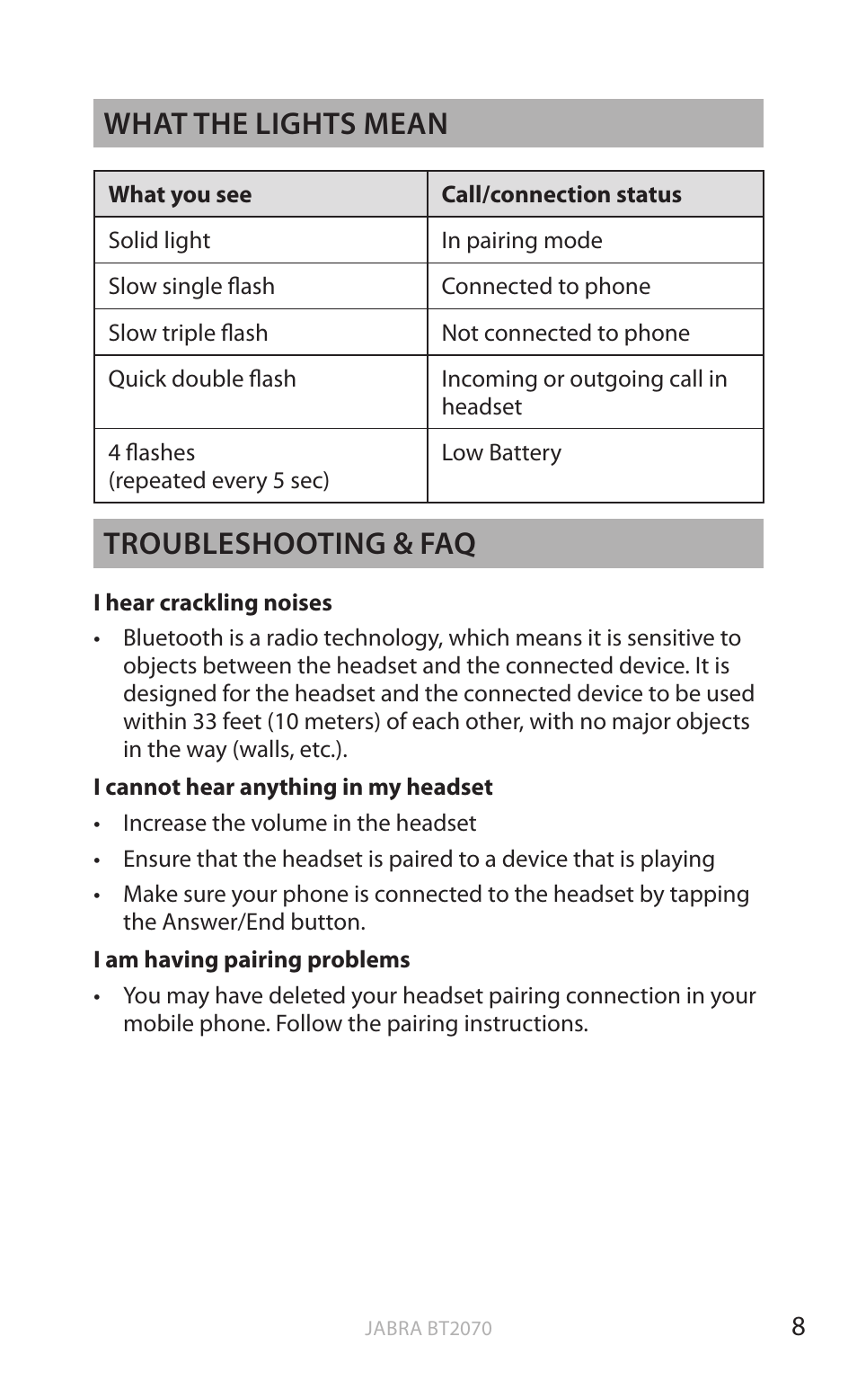 En g li sh, What the lights mean, Troubleshooting & faq | Jabra BT2070 User Manual | Page 9 / 73