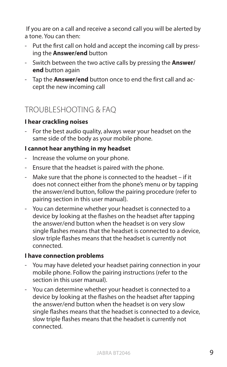 English, Troubleshooting & faq | Jabra BT2046 User Manual | Page 10 / 14