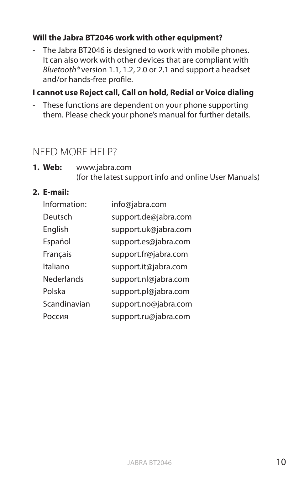 English, Need more help | Jabra BT2046 User Manual | Page 11 / 14