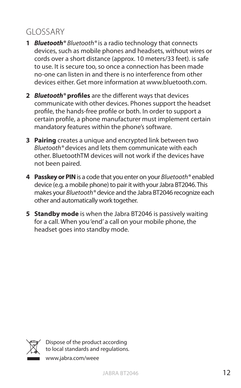 English, Glossary | Jabra BT2046 User Manual | Page 13 / 14