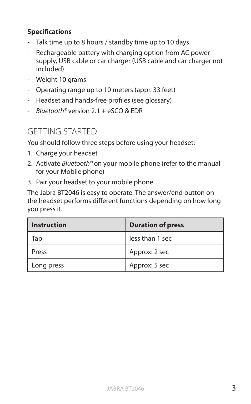 English, Getting started | Jabra BT2046 User Manual | Page 4 / 14