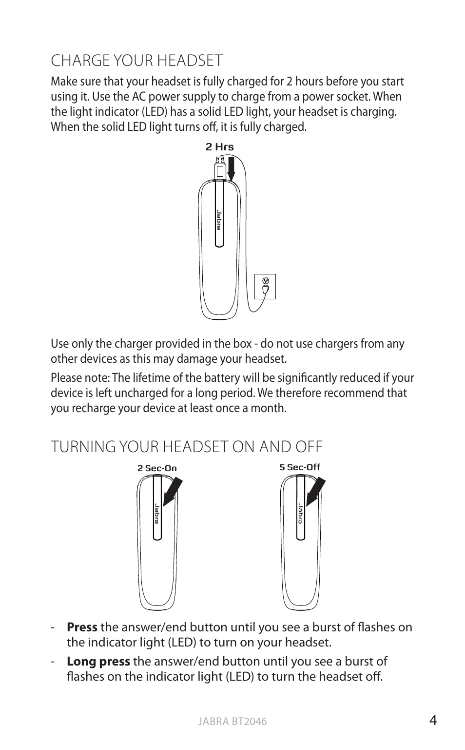 English, Charge your headset, Turning your headset on and off | Jabra BT2046 User Manual | Page 5 / 14