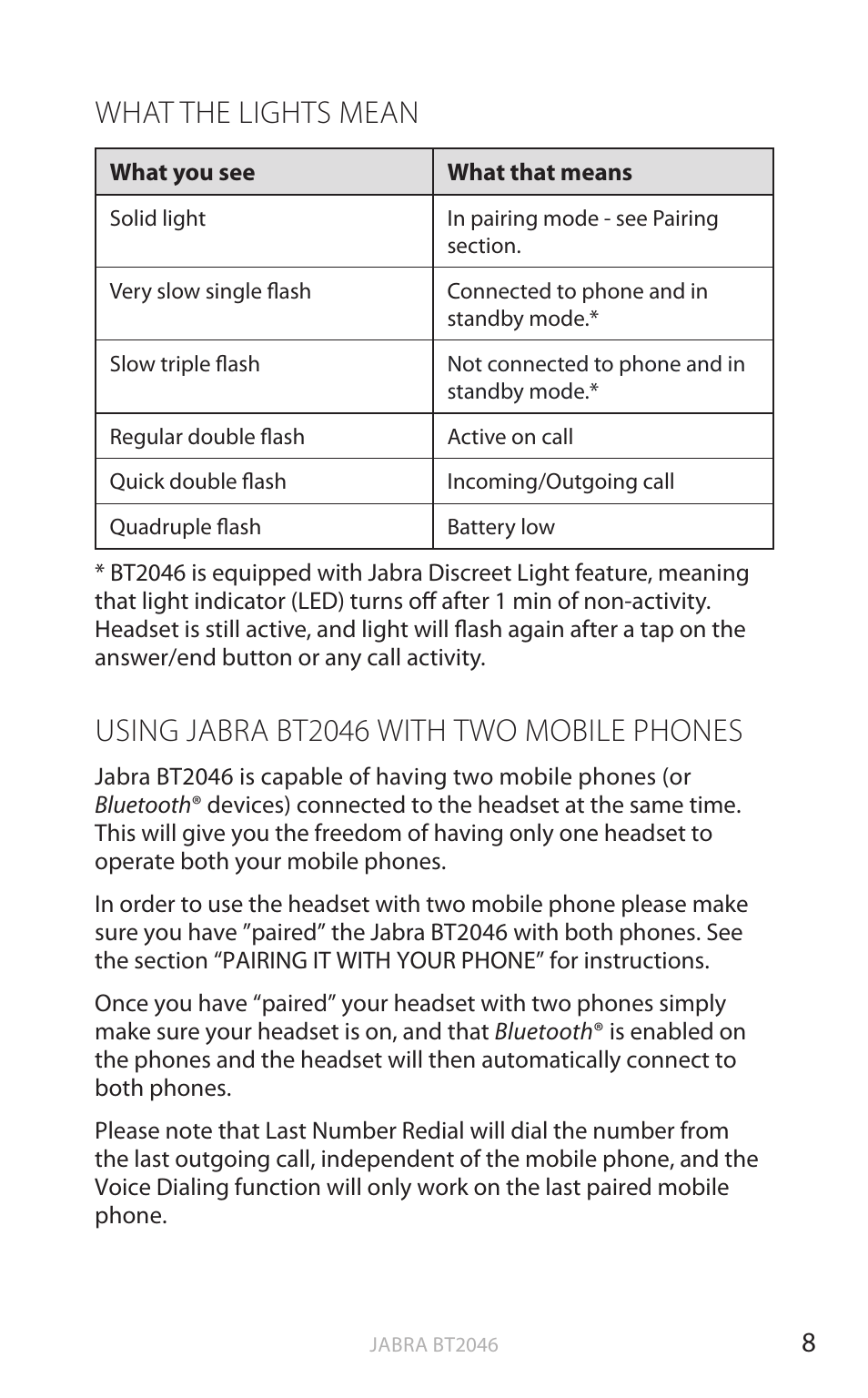 English, What the lights mean, Using jabra bt2046 with two mobile phones | Jabra BT2046 User Manual | Page 9 / 14