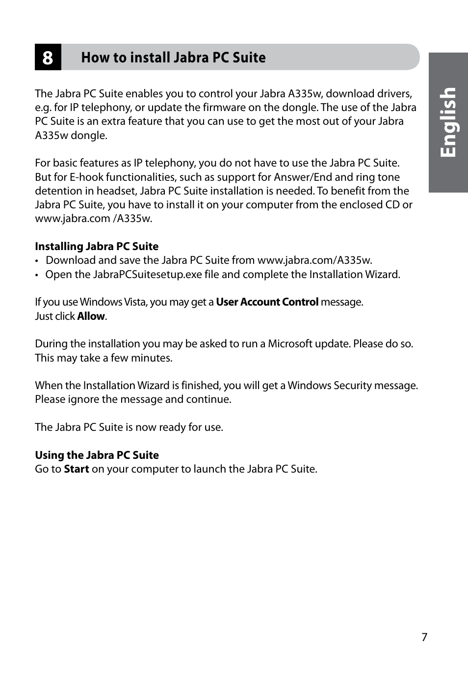 En gl is h, How to install jabra pc suite | Jabra A335w User Manual | Page 9 / 16