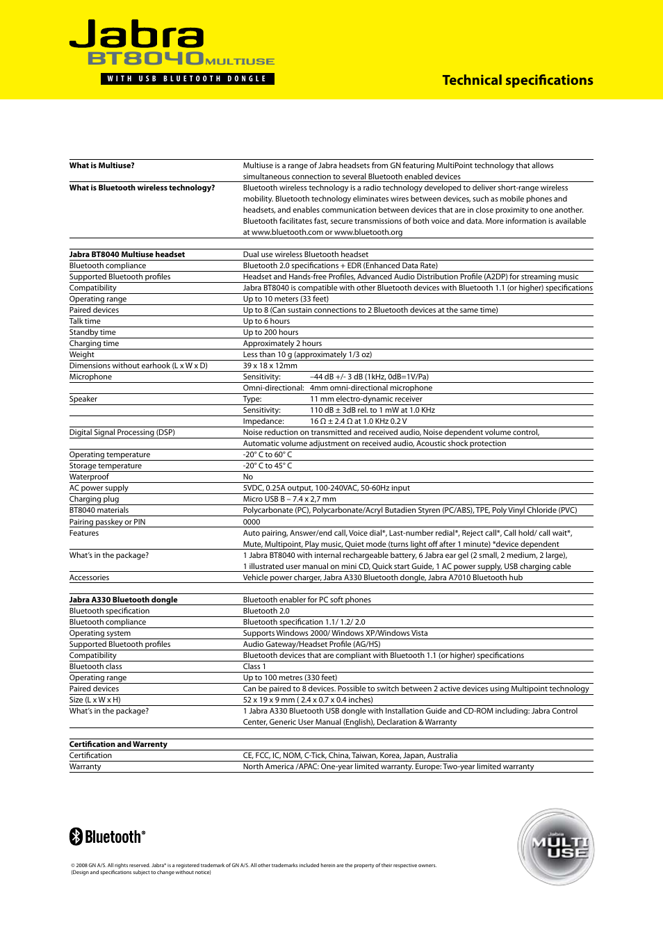 Bt8040, Technical specifications, Multiuse | Jabra Multiuse BT8040 User Manual | Page 2 / 2