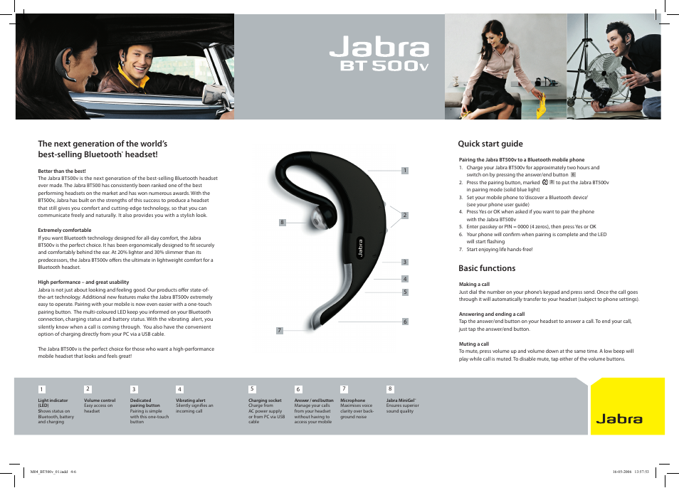 Headset, Basic functions | Jabra BT500v User Manual | Page 2 / 2