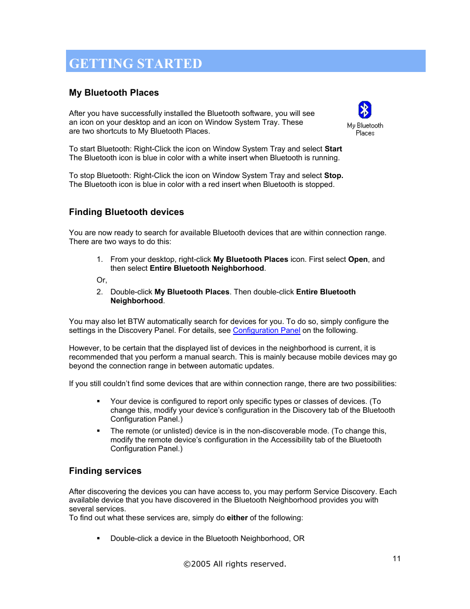 Getting started, My bluetooth places, Finding bluetooth devices | Finding services | Jabra A320s User Manual | Page 11 / 53