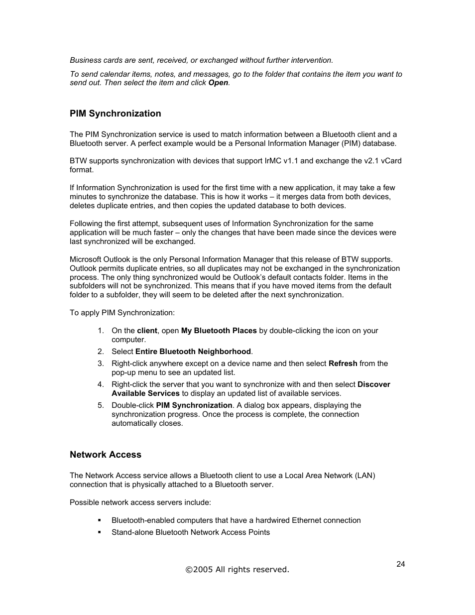 Pim synchronization, Network access | Jabra A320s User Manual | Page 24 / 53