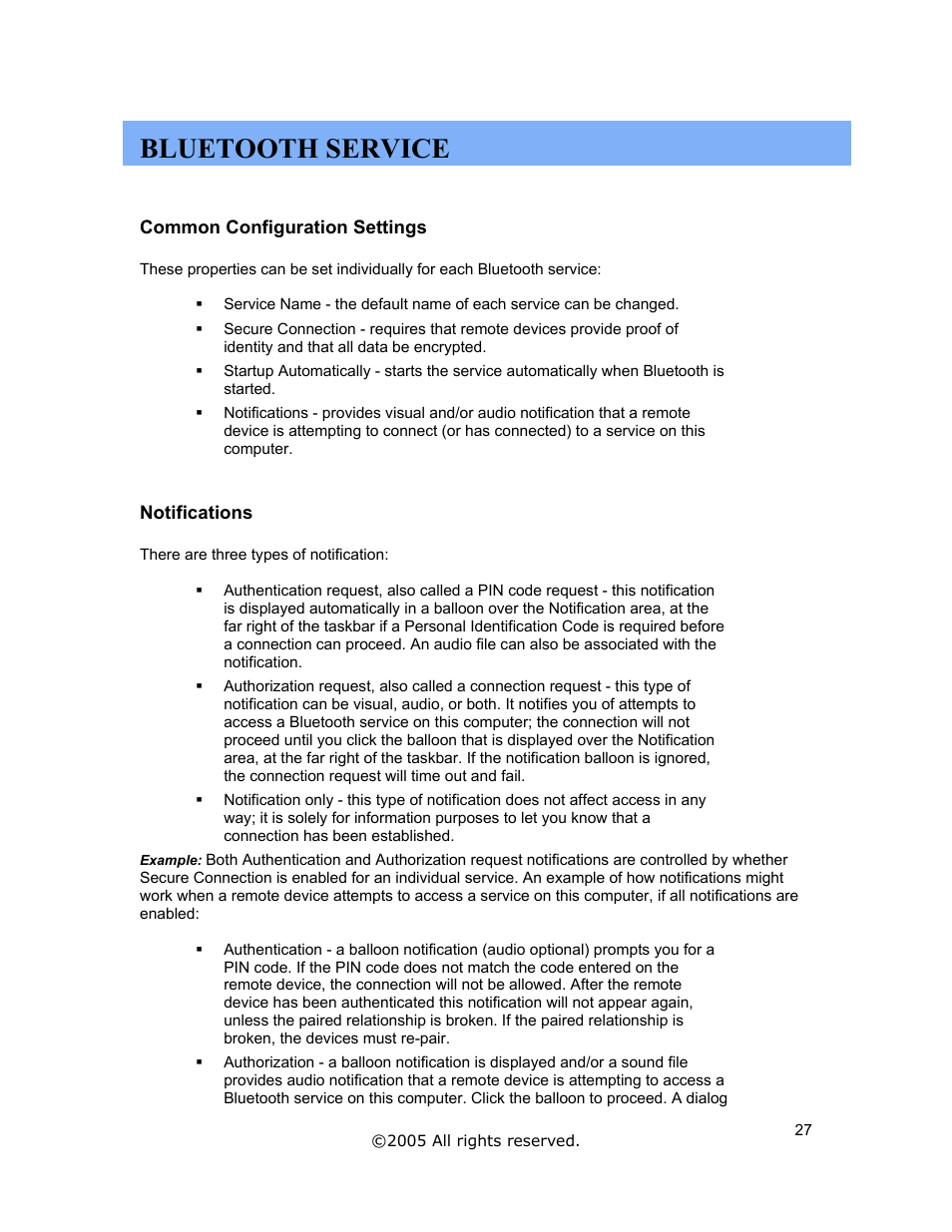 Bluetooth service, Common configuration settings, Notifications | Jabra A320s User Manual | Page 27 / 53