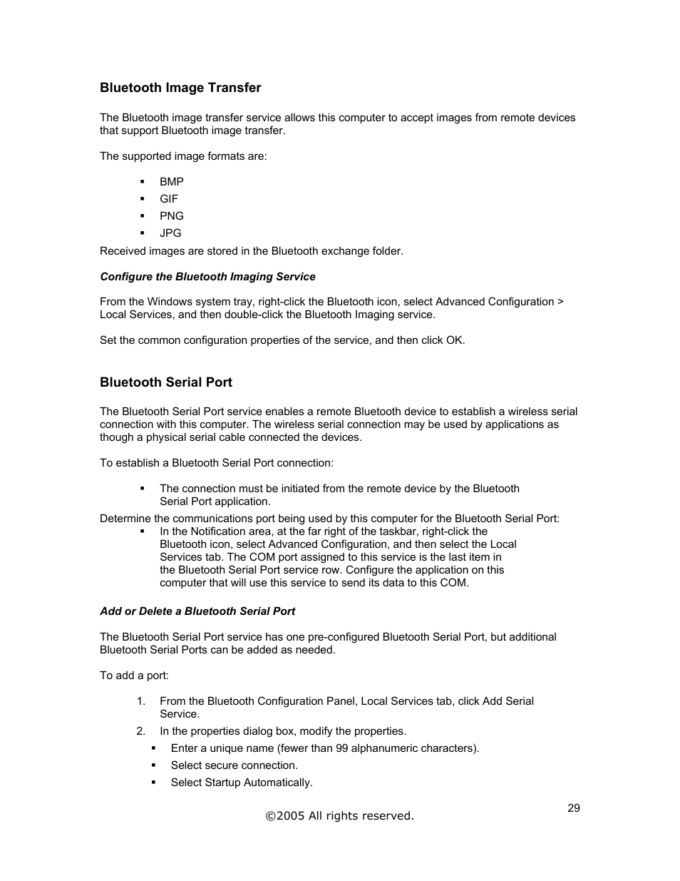 Bluetooth image transfer, Bluetooth serial port | Jabra A320s User Manual | Page 29 / 53