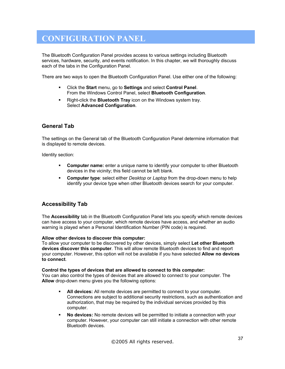 Configuration panel, General tab, Accessibility tab | Jabra A320s User Manual | Page 37 / 53