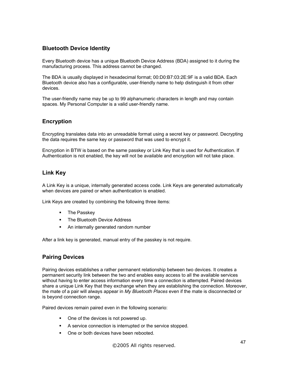 Bluetooth device identity, Encryption, Link key | Pairing devices | Jabra A320s User Manual | Page 47 / 53