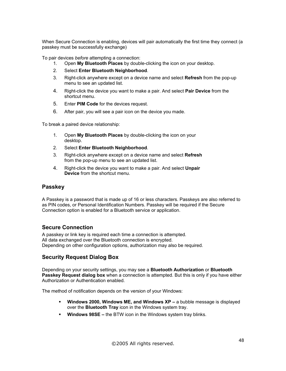 Passkey, Secure connection, Security request dialog box | Jabra A320s User Manual | Page 48 / 53