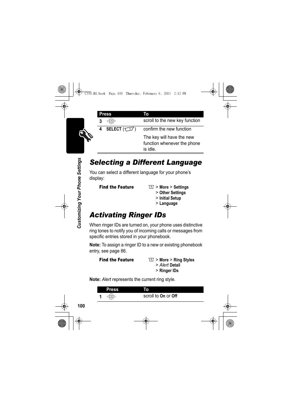 Selecting a different language, Activating ringer ids | Jabra C350 User Manual | Page 100 / 173