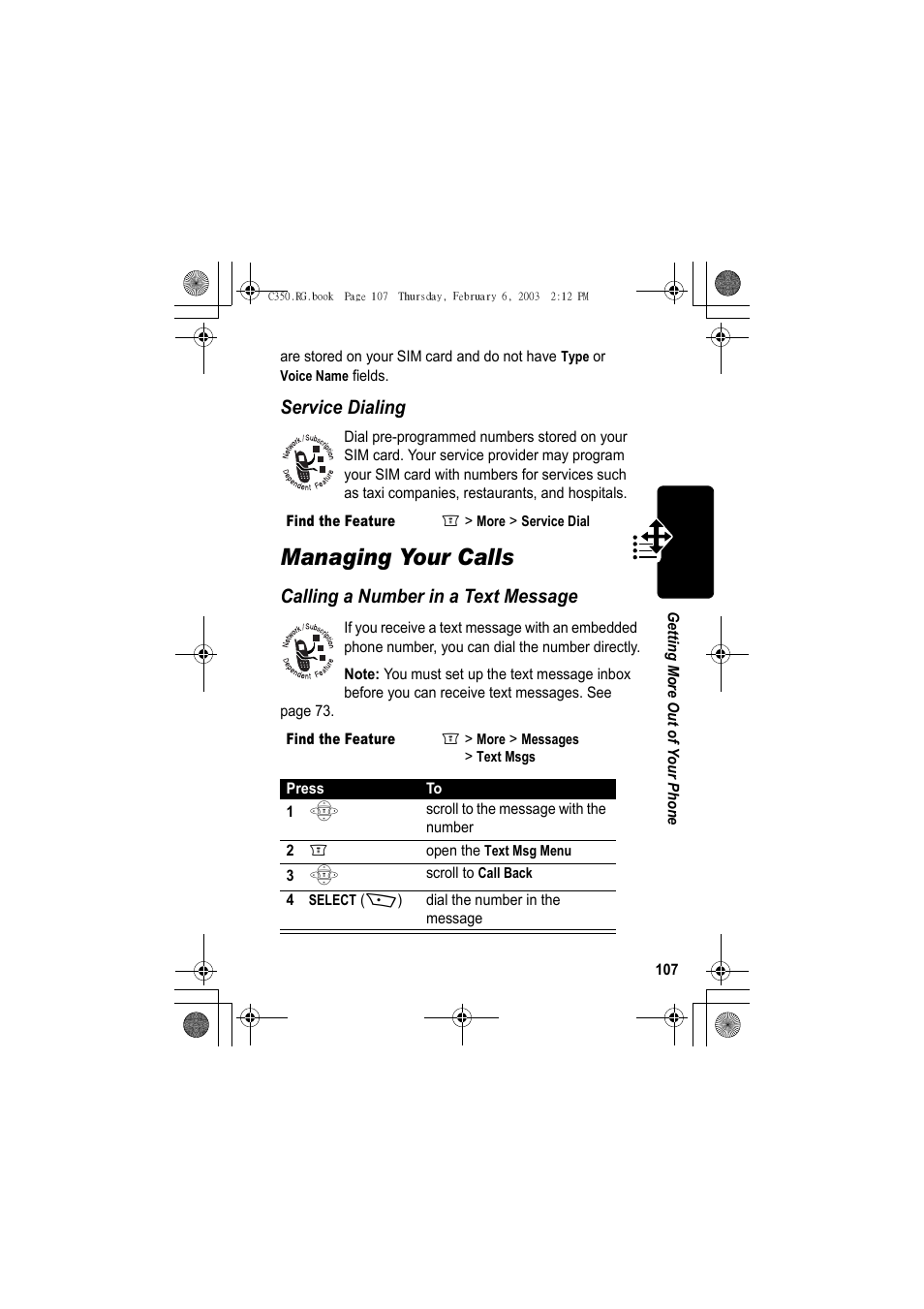 Managing your calls, Service dialing, Calling a number in a text message | Jabra C350 User Manual | Page 107 / 173
