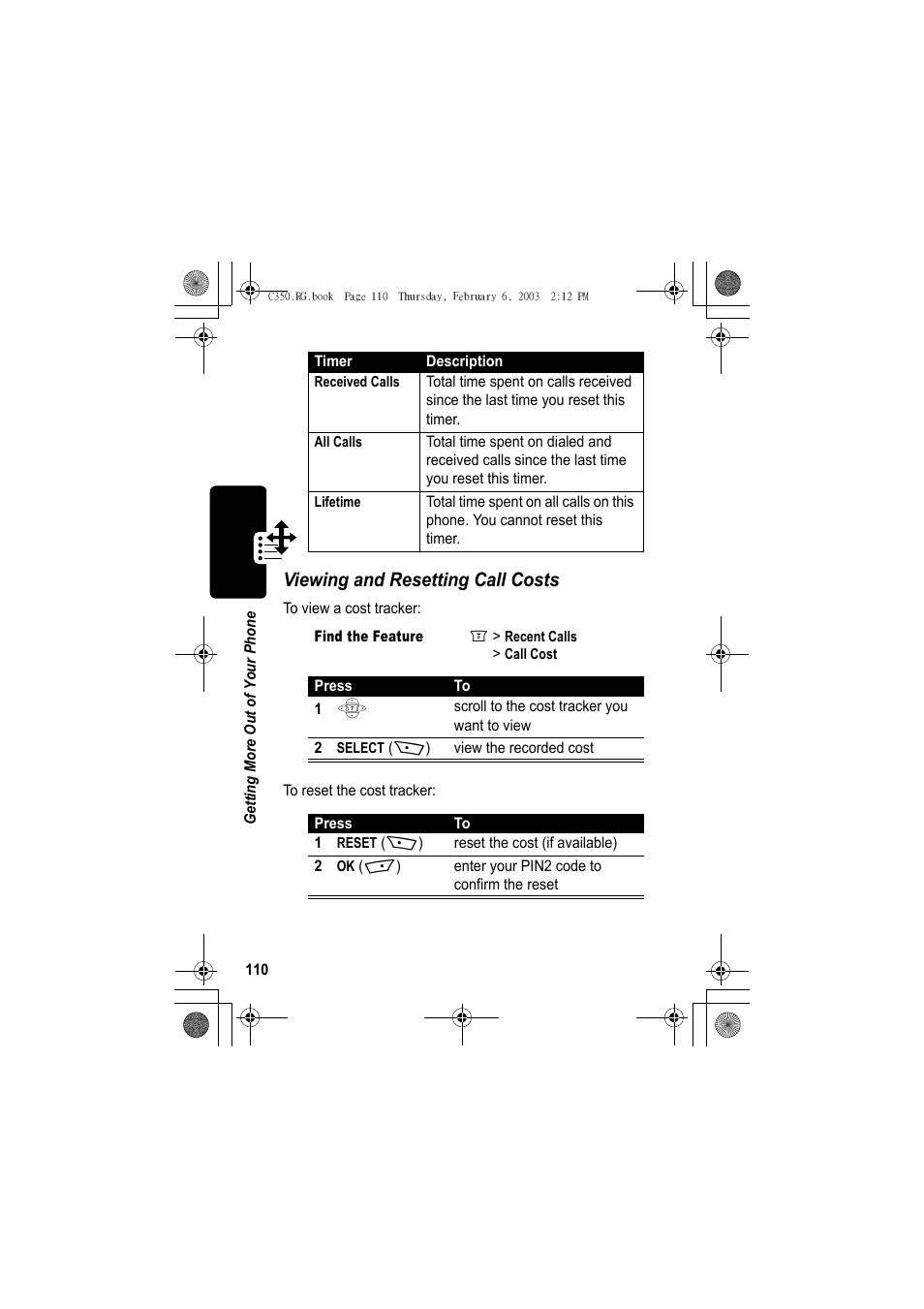 Viewing and resetting call costs | Jabra C350 User Manual | Page 110 / 173
