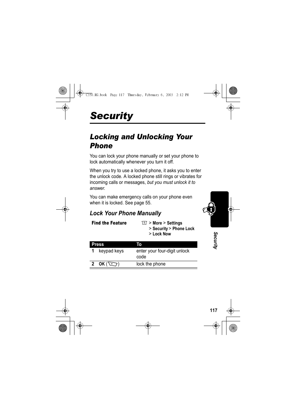Security, Locking and unlocking your phone, Lock your phone manually | Jabra C350 User Manual | Page 117 / 173
