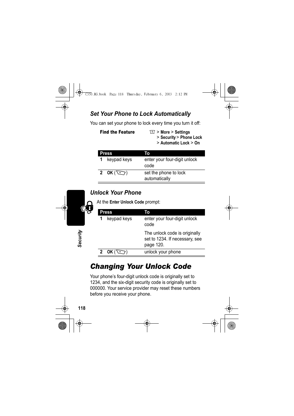 Changing your unlock code, Set your phone to lock automatically, Unlock your phone | Jabra C350 User Manual | Page 118 / 173