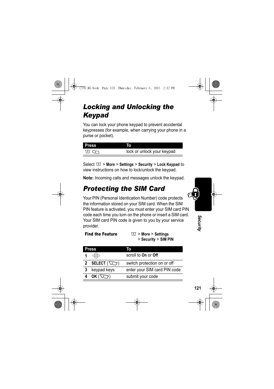 Locking and unlocking the keypad, Protecting the sim card | Jabra C350 User Manual | Page 121 / 173