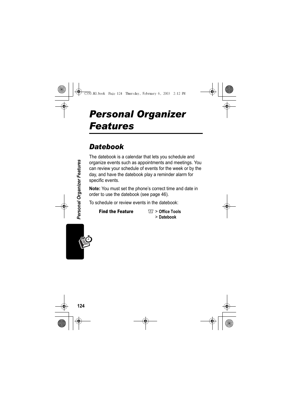 Personal organizer features, Datebook | Jabra C350 User Manual | Page 124 / 173