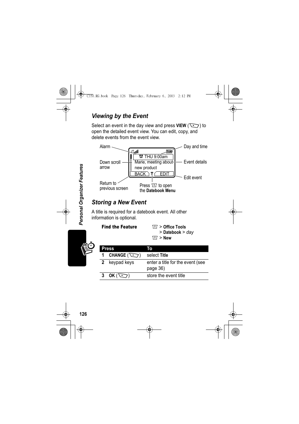 Viewing by the event, Storing a new event | Jabra C350 User Manual | Page 126 / 173