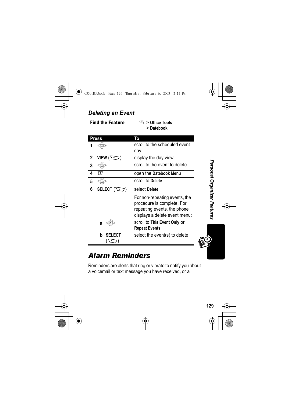 Alarm reminders, Deleting an event | Jabra C350 User Manual | Page 129 / 173