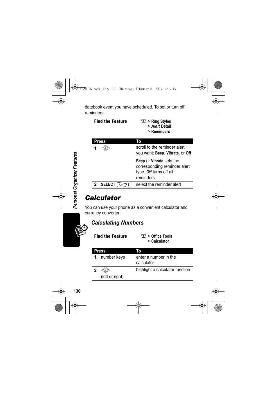 Calculator, Calculating numbers | Jabra C350 User Manual | Page 130 / 173