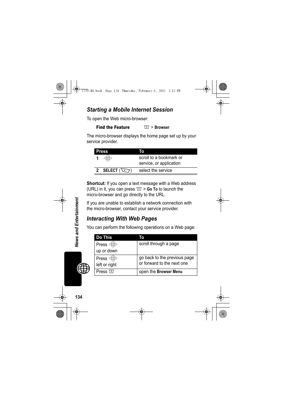Starting a mobile internet session, Interacting with web pages | Jabra C350 User Manual | Page 134 / 173