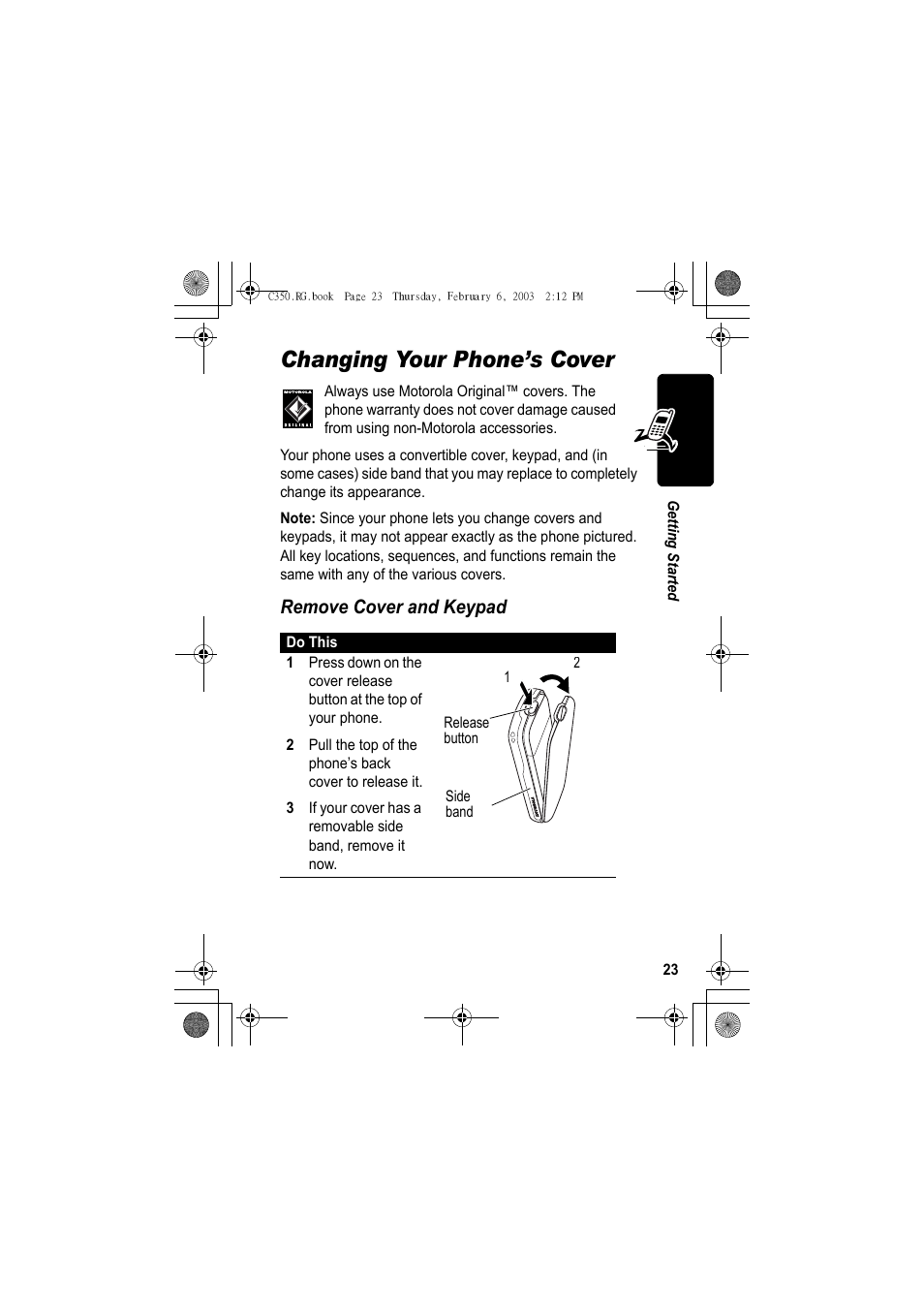 Changing your phone’s cover, Remove cover and keypad | Jabra C350 User Manual | Page 23 / 173