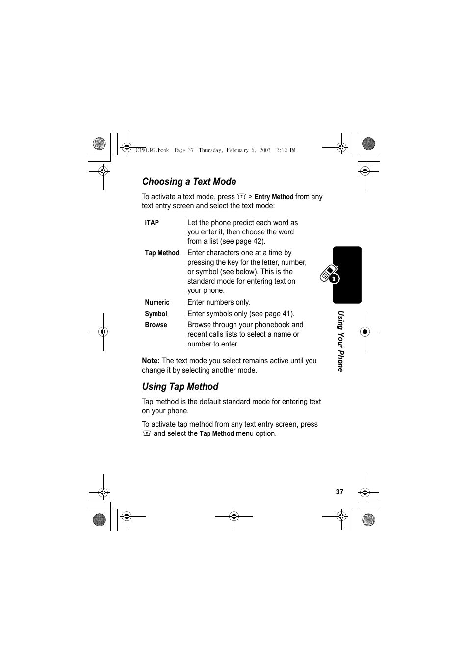 Choosing a text mode, Using tap method | Jabra C350 User Manual | Page 37 / 173