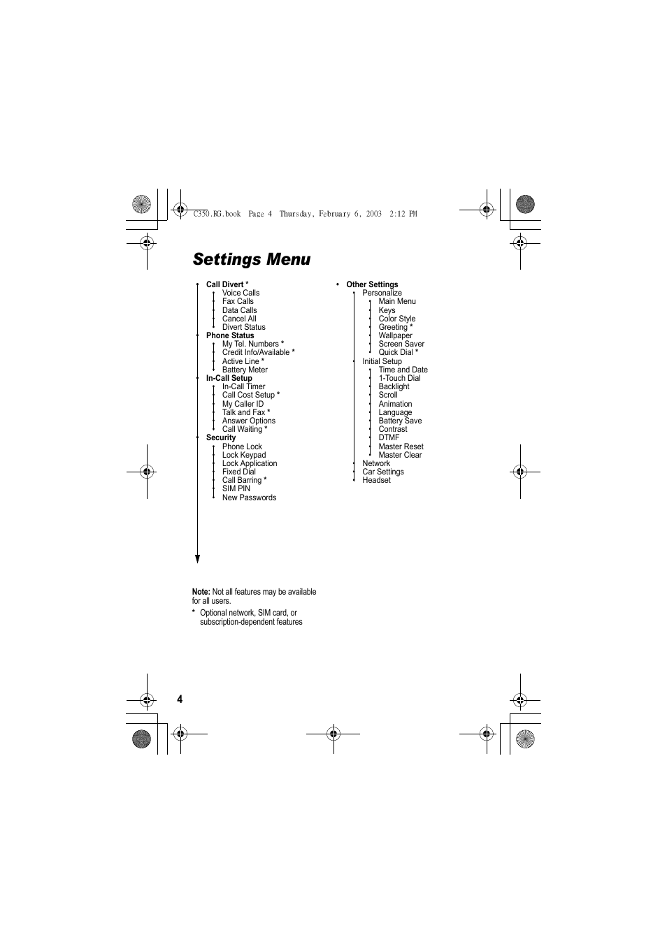 Settings menu | Jabra C350 User Manual | Page 4 / 173