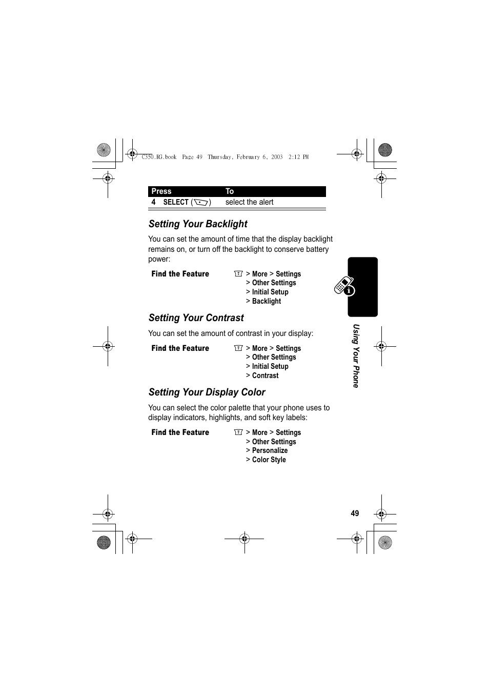 Setting your backlight, Setting your contrast, Setting your display color | Jabra C350 User Manual | Page 49 / 173