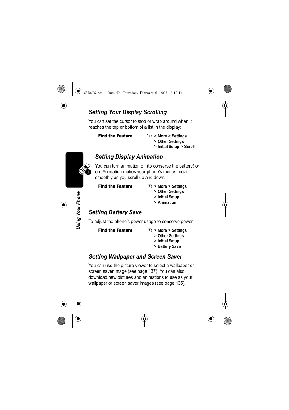 Setting your display scrolling, Setting display animation, Setting battery save | Setting wallpaper and screen saver | Jabra C350 User Manual | Page 50 / 173