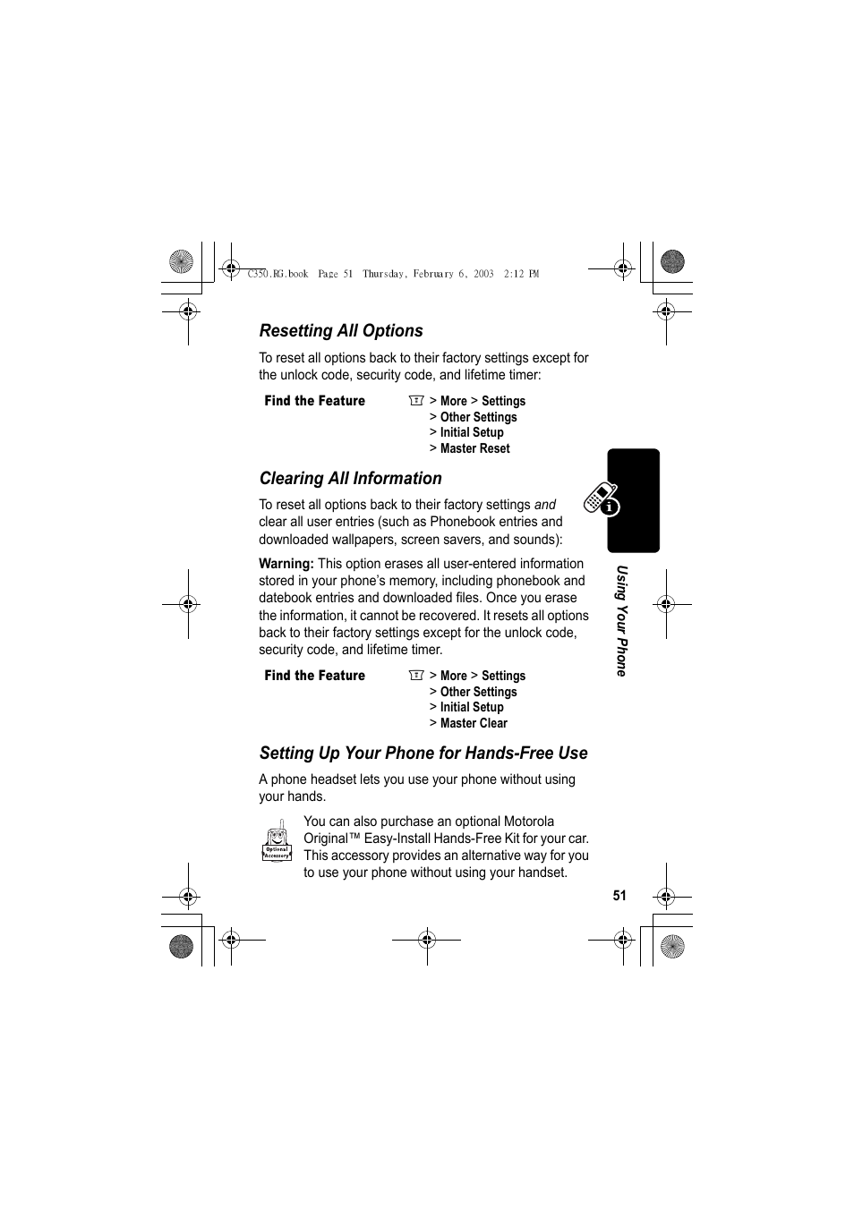 Resetting all options, Clearing all information, Setting up your phone for hands-free use | Jabra C350 User Manual | Page 51 / 173