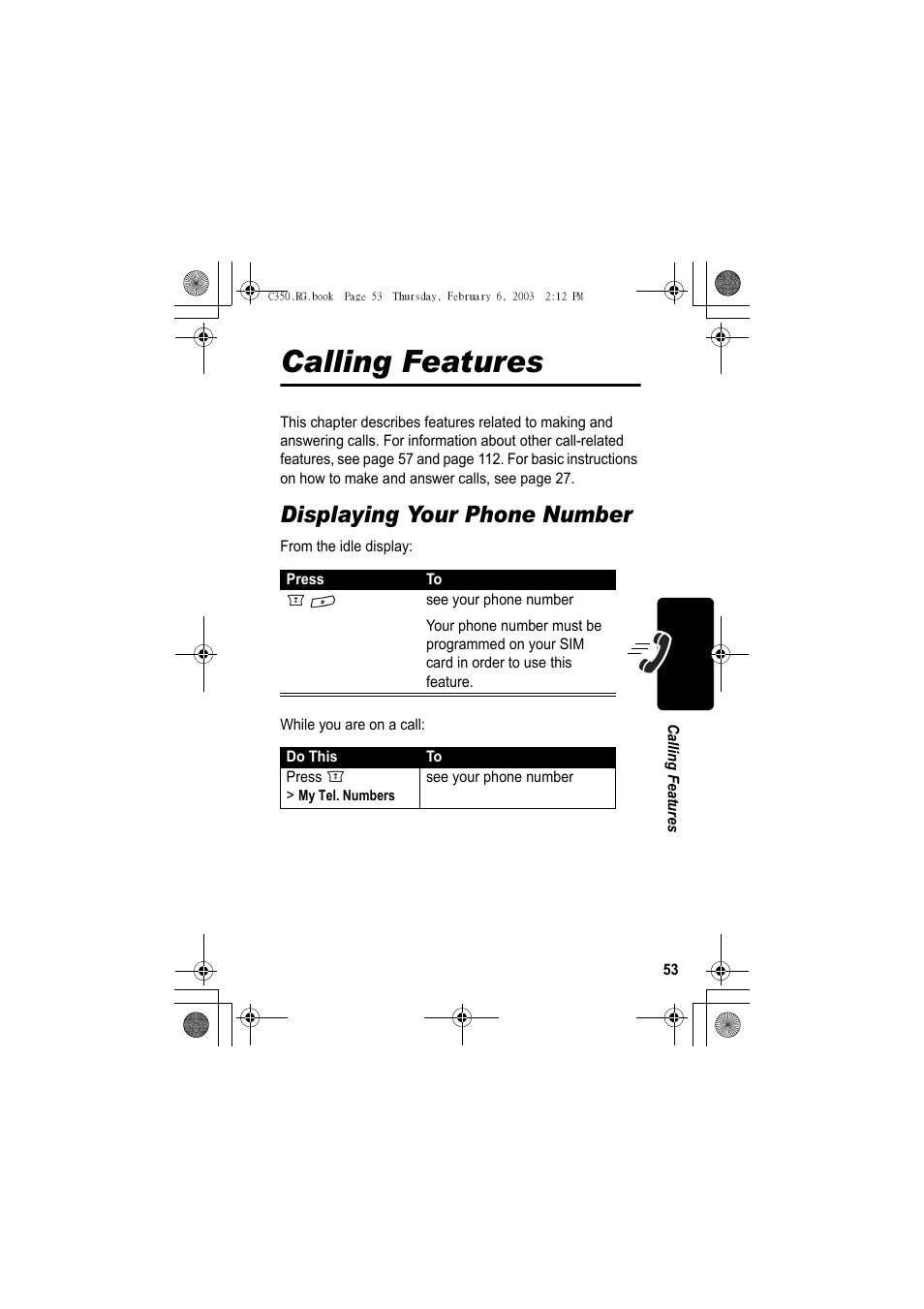 Calling features, Displaying your phone number | Jabra C350 User Manual | Page 53 / 173