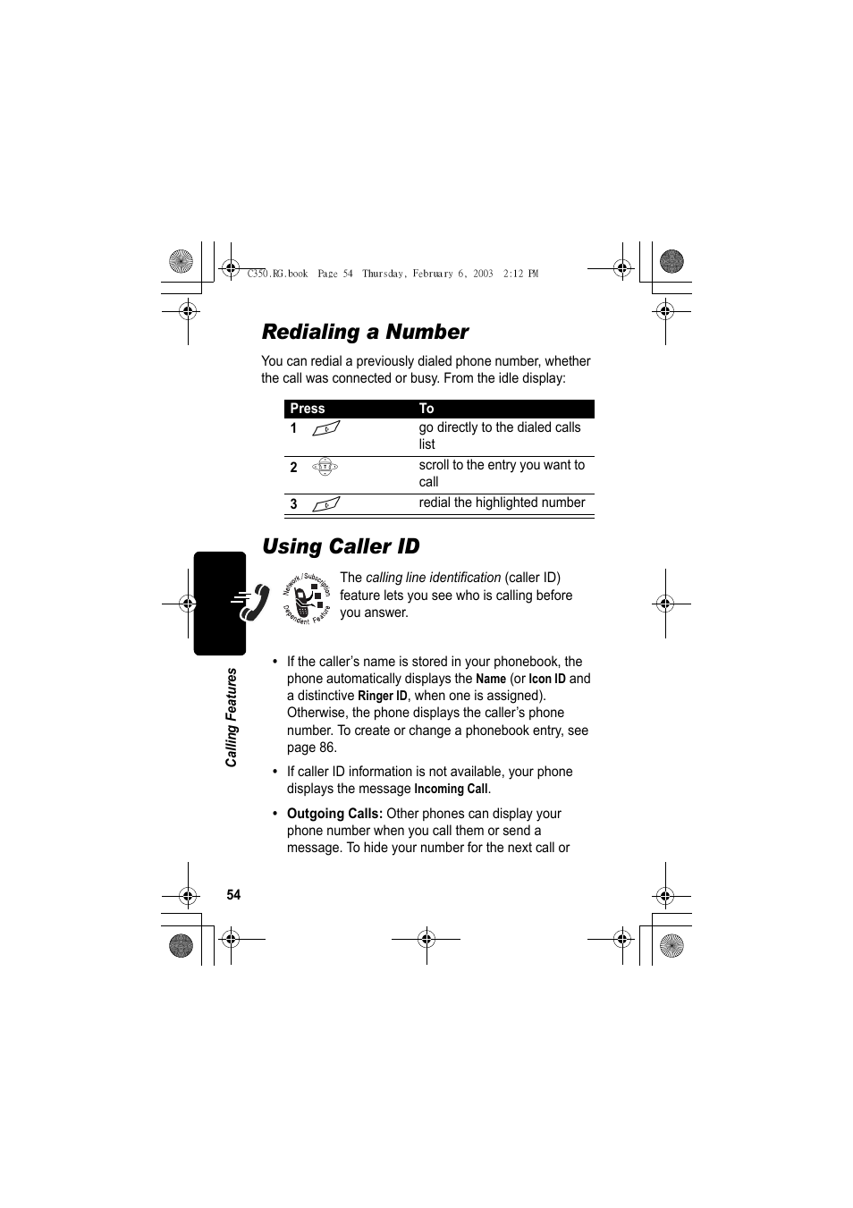 Redialing a number, Using caller id | Jabra C350 User Manual | Page 54 / 173