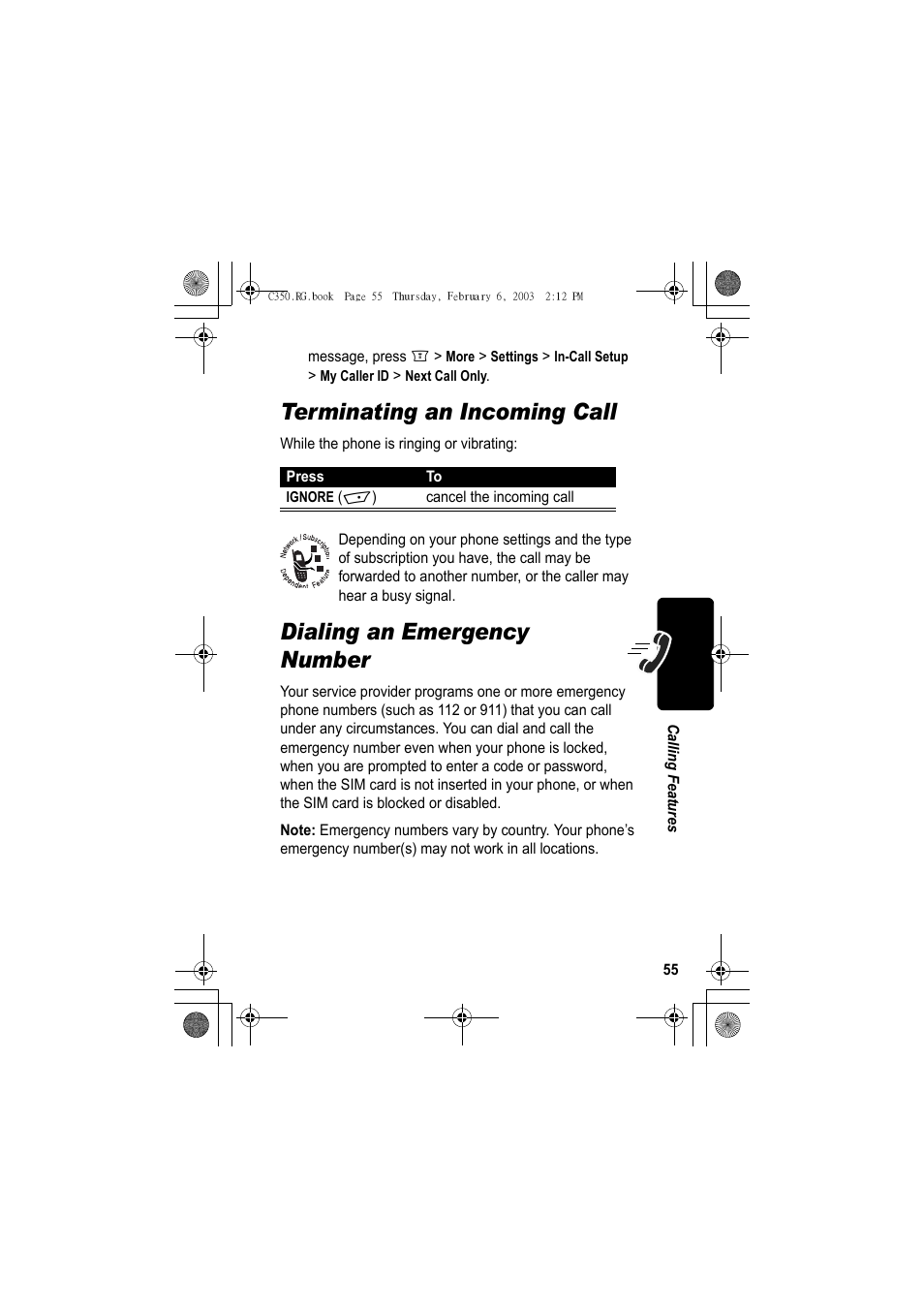 Terminating an incoming call, Dialing an emergency number | Jabra C350 User Manual | Page 55 / 173