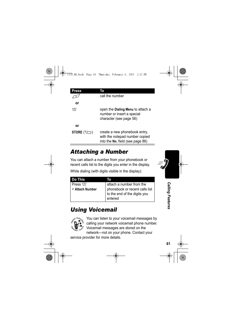 Attaching a number, Using voicemail | Jabra C350 User Manual | Page 61 / 173