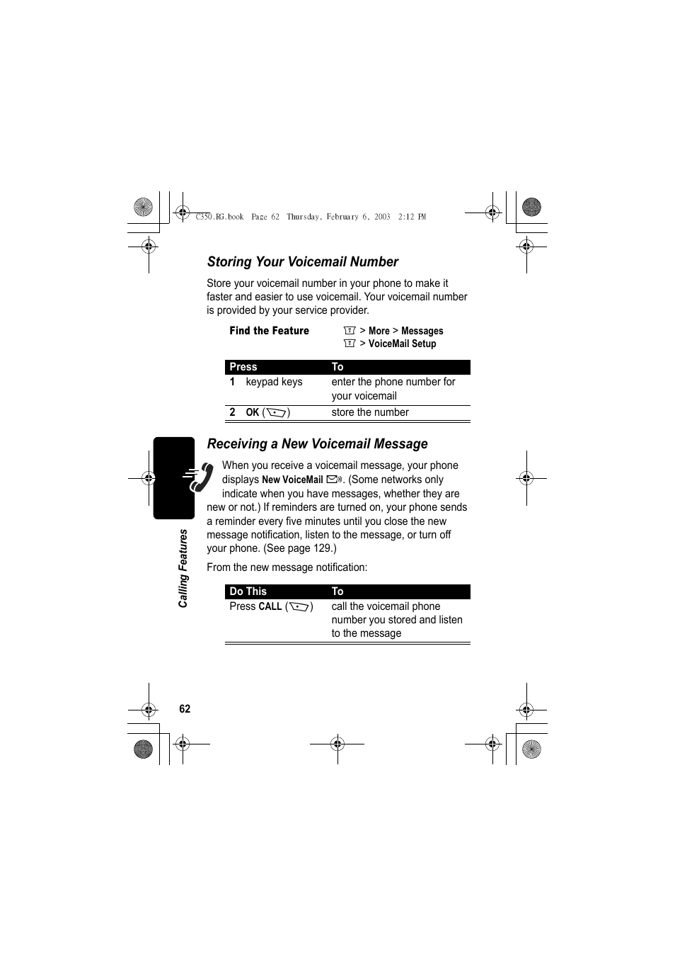 Storing your voicemail number, Receiving a new voicemail message | Jabra C350 User Manual | Page 62 / 173