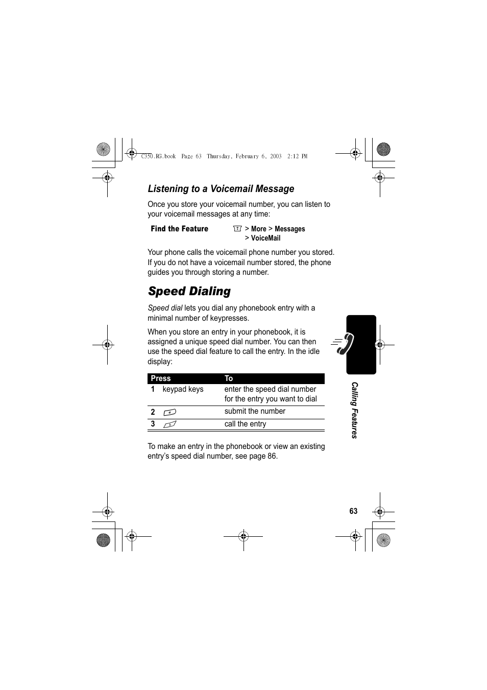 Speed dialing, Listening to a voicemail message | Jabra C350 User Manual | Page 63 / 173