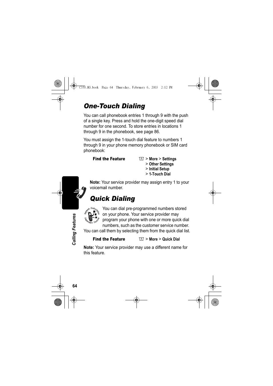One-touch dialing, Quick dialing | Jabra C350 User Manual | Page 64 / 173