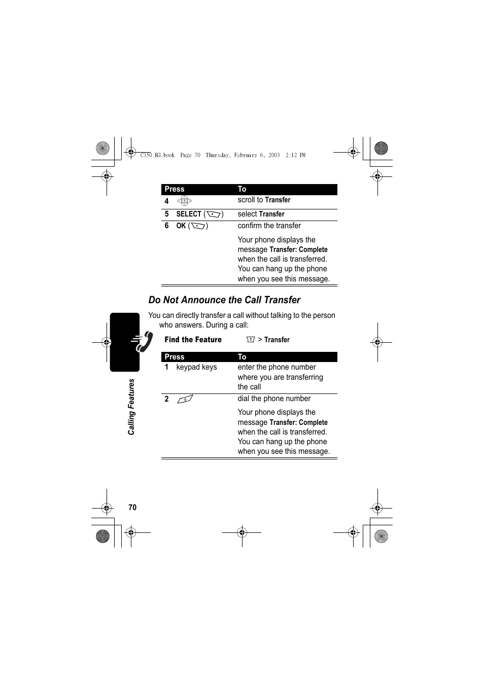 Do not announce the call transfer | Jabra C350 User Manual | Page 70 / 173
