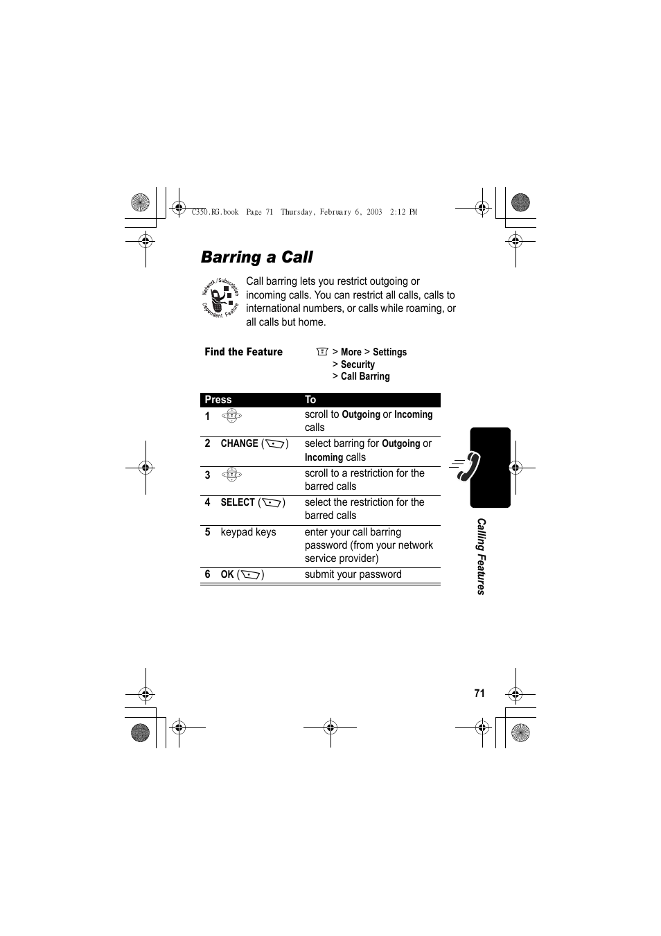 Barring a call | Jabra C350 User Manual | Page 71 / 173