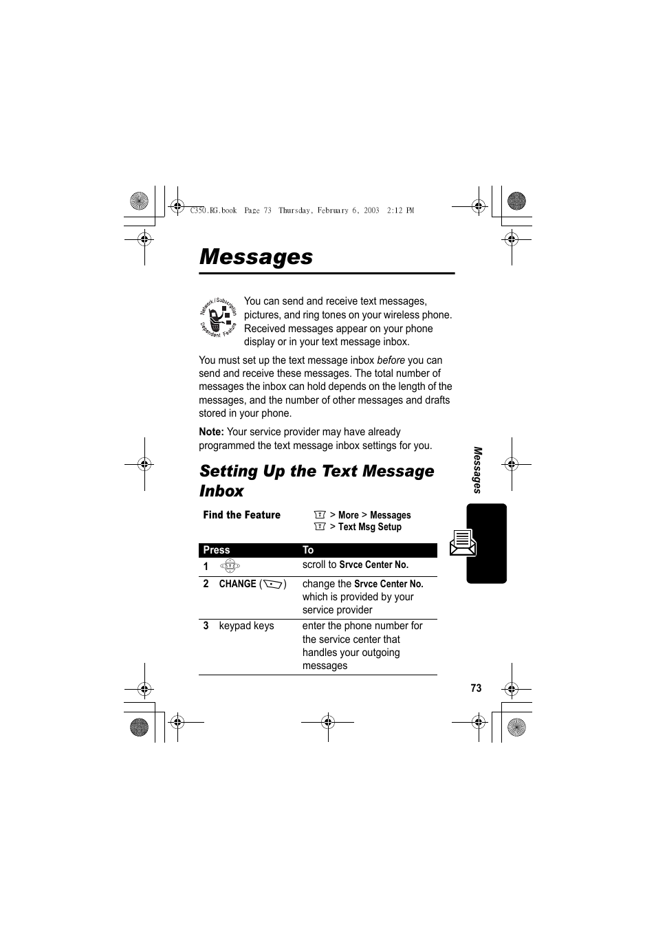 Messages, Setting up the text message inbox | Jabra C350 User Manual | Page 73 / 173