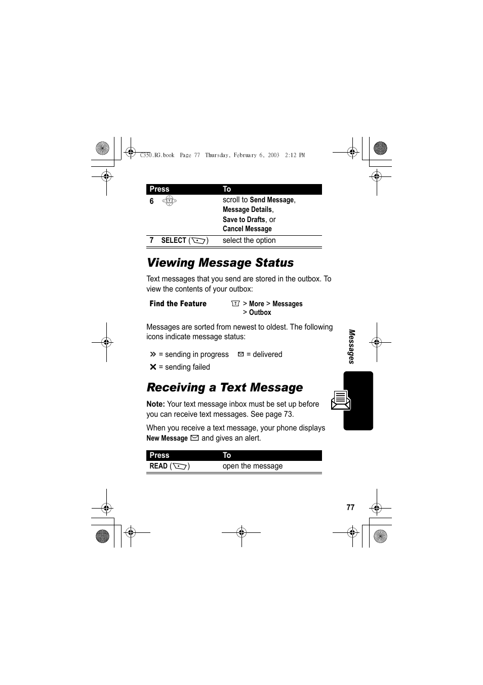 Viewing message status, Receiving a text message | Jabra C350 User Manual | Page 77 / 173