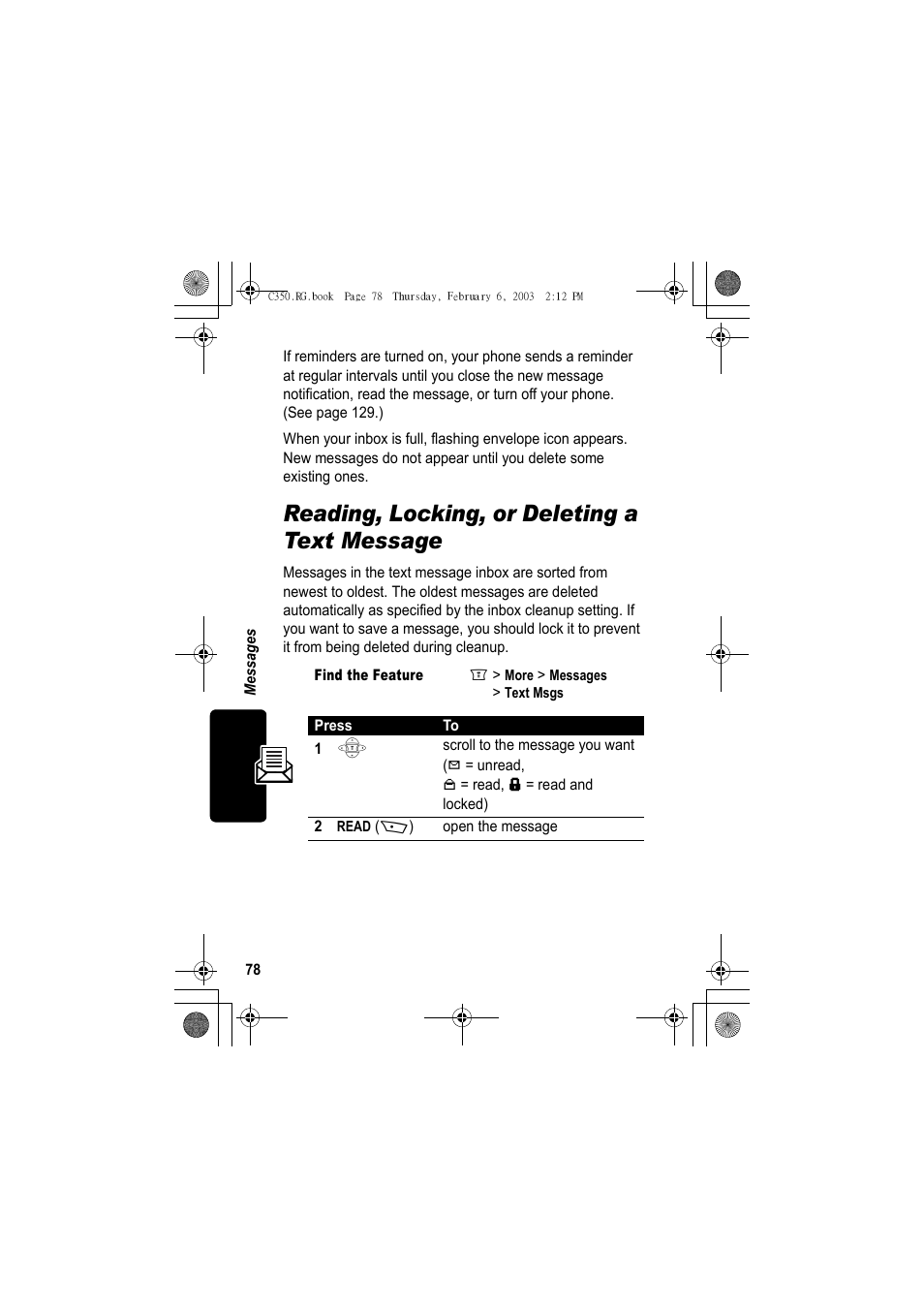 Reading, locking, or deleting a text message | Jabra C350 User Manual | Page 78 / 173