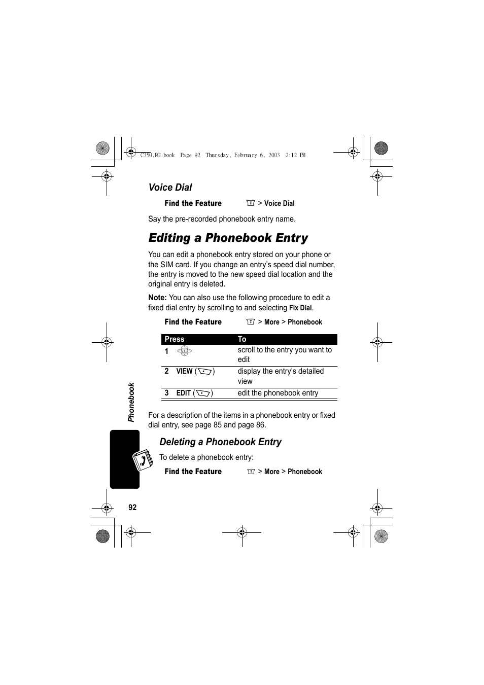 Editing a phonebook entry, Voice dial, Deleting a phonebook entry | Jabra C350 User Manual | Page 92 / 173