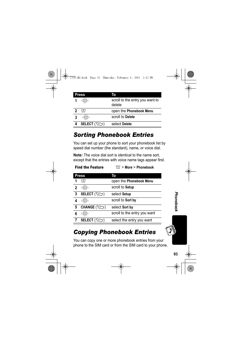 Sorting phonebook entries, Copying phonebook entries | Jabra C350 User Manual | Page 93 / 173